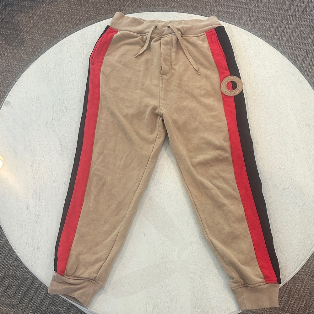 Burberry Tan Joggers with Red & Black Side Stripes